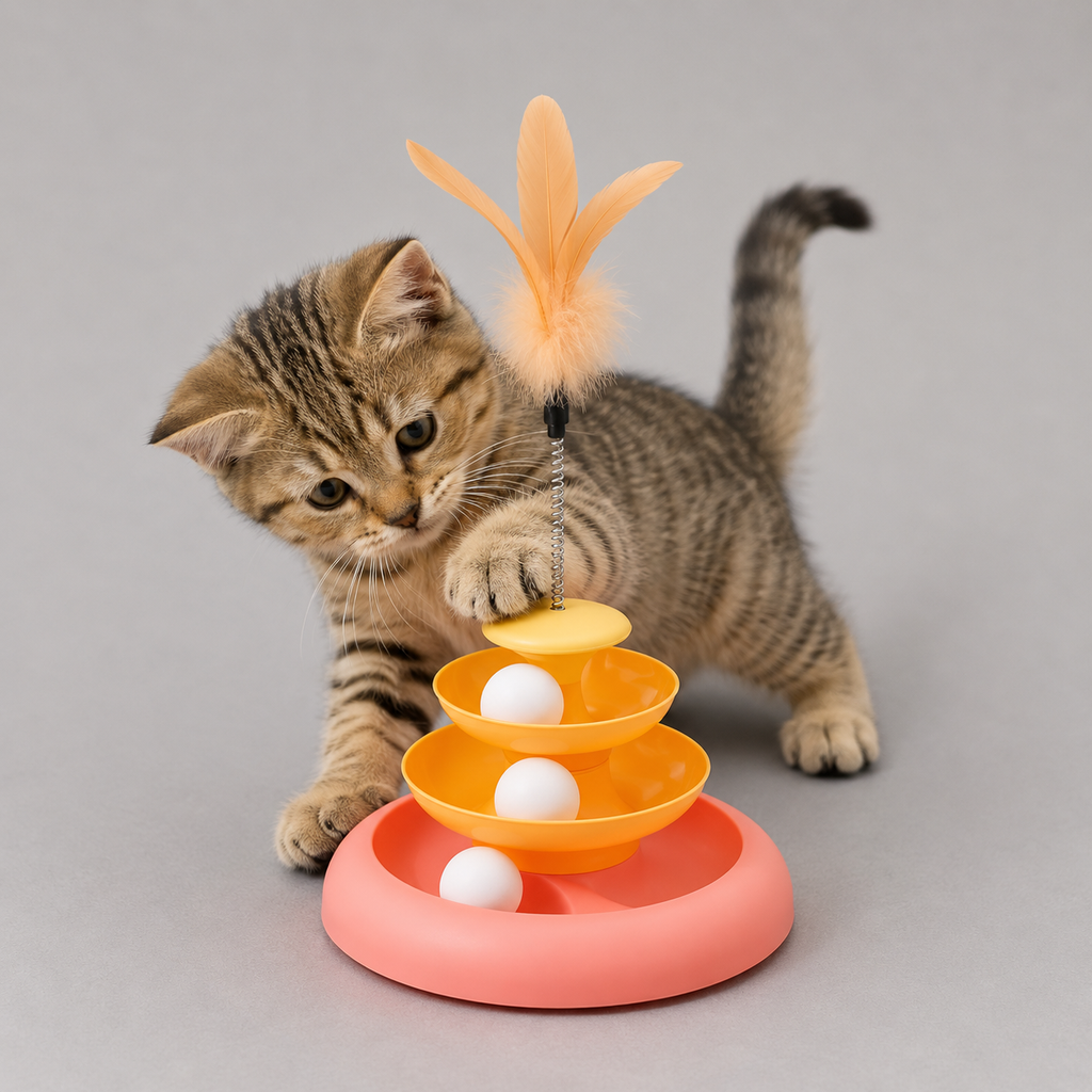 Multi-layer cat roller toy with feather – spinning ball track for kittens