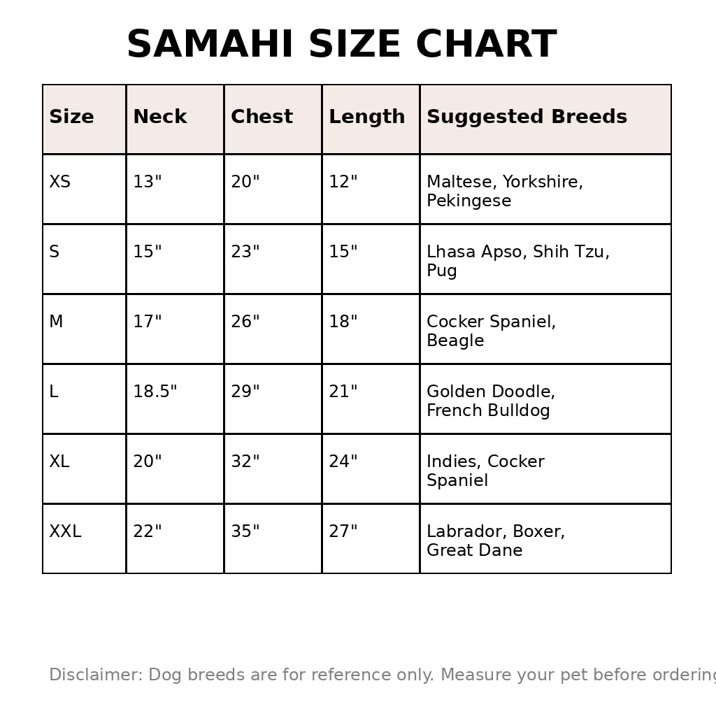 Dog size chart – size guide for dog vest outfit