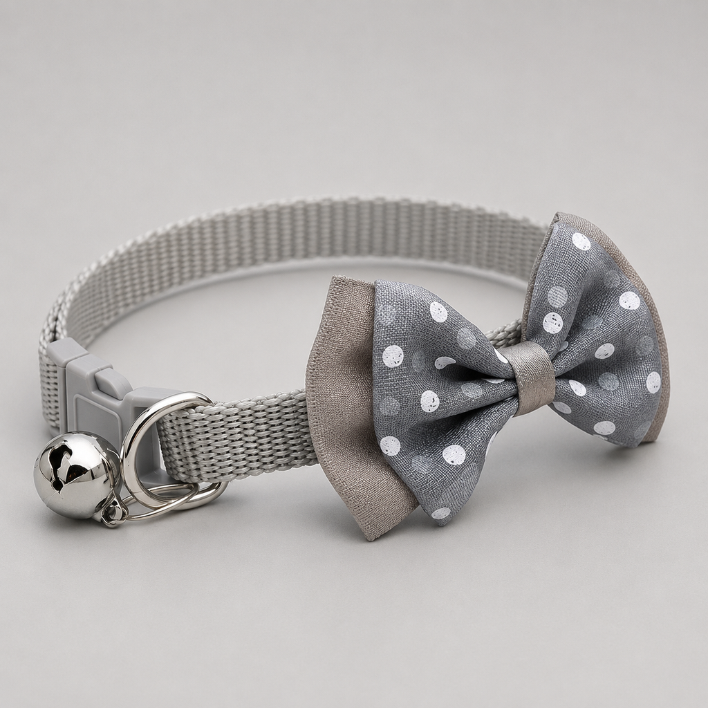 Grey cat collar with bell and bow – cute adjustable kitten collar