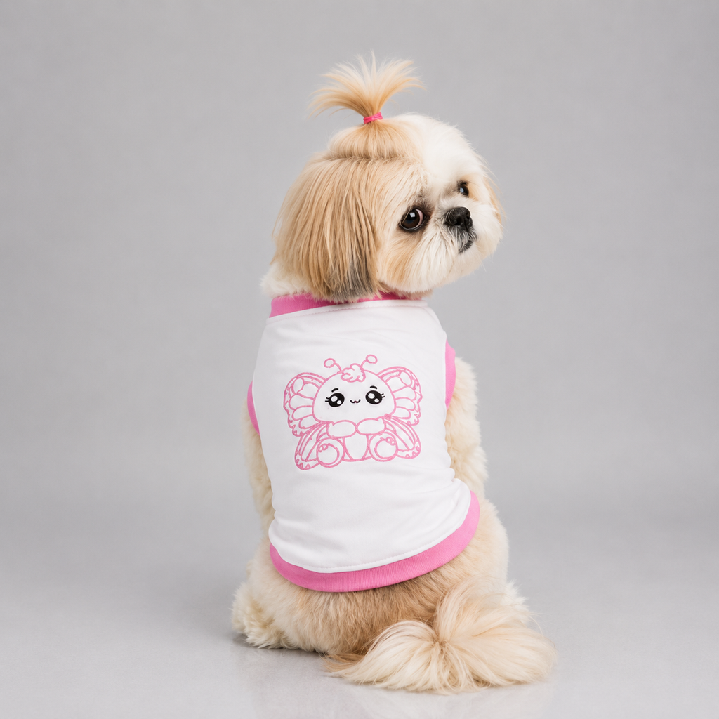 Pink butterfly embroidered dog t-shirt – cute floral pet clothing India