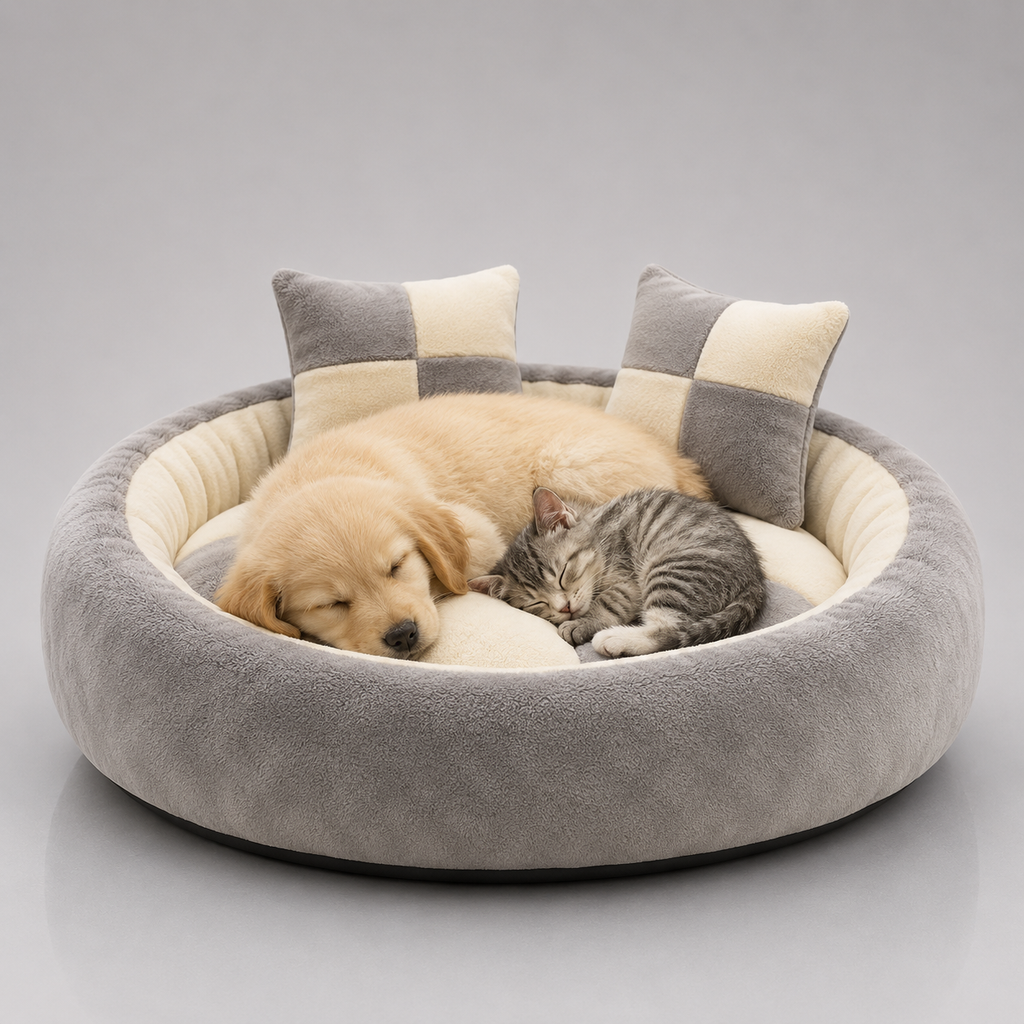 Round pet bed with 2 cushions – soft plush sleeping bed for dogs and cats India
